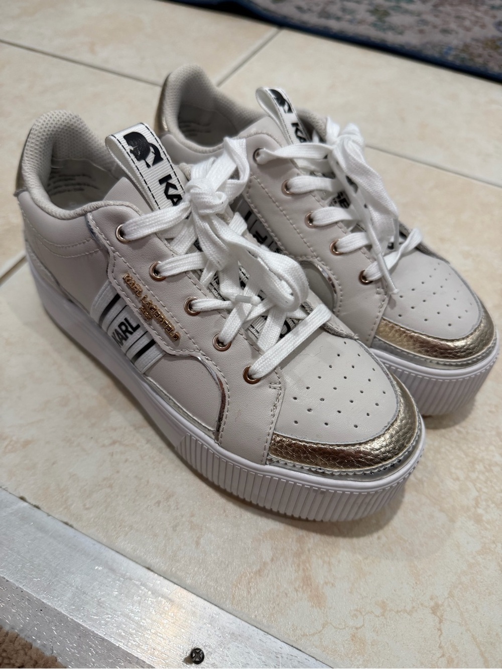 Karl Lagerfeld White Sneakers with Gold Toe Trim